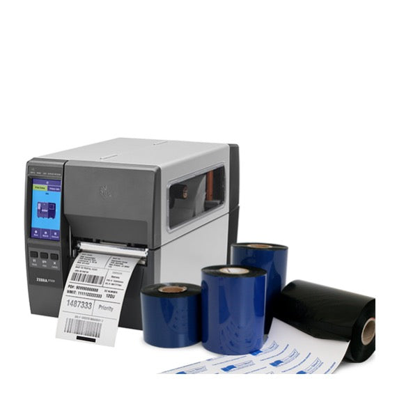 label printer and thermal tranfer ribbons in white background