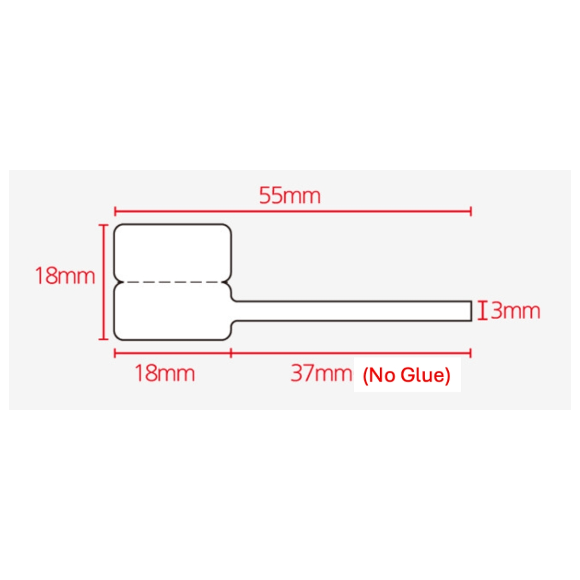 jewellery label 55mm x 18mm rattail shape dimension